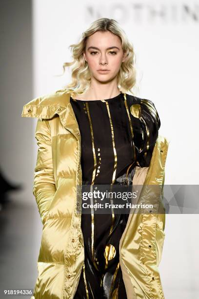 Model walks the runway for All Comes From Nothing during New York Fashion Week: The Shows at Gallery II at Spring Studios on February 14, 2018 in New...