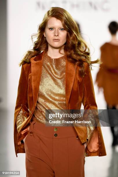 Model walks the runway for All Comes From Nothing during New York Fashion Week: The Shows at Gallery II at Spring Studios on February 14, 2018 in New...