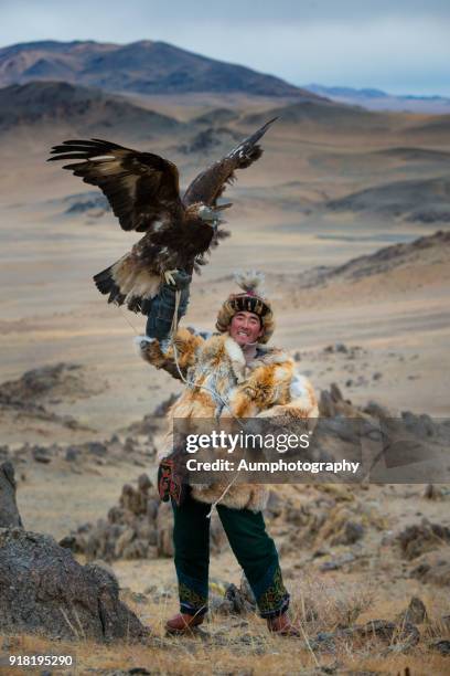 traditional mongolian eagle hunters - montagnes altaï photos et images de collection
