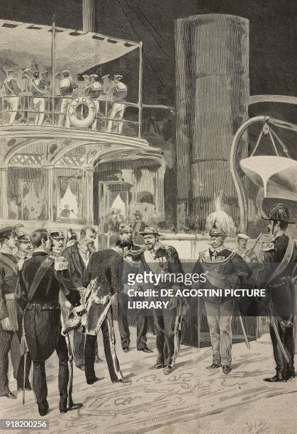 The meeting between King Umberto I and the Prince of Naples with Prince Henry of Prussia on the Royal Yacht Savoy, Genoa, August 16 Italy, engraving...