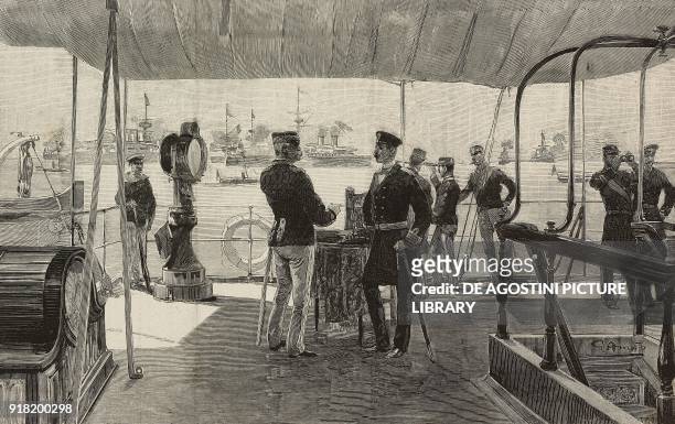 Umberto I and Prince Henry of Prussia attending the great naval manoeuvres on the Royal Yacht Savoy, Italy, engraving after a drawing by Gennaro...
