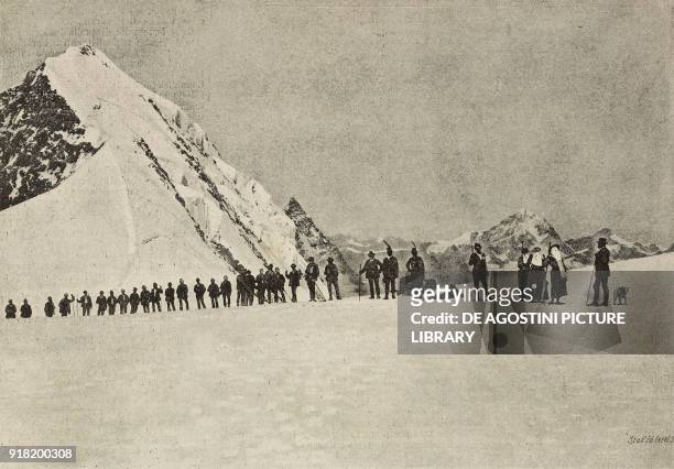 Queen Margherita of Savoy heading towards Punta Gnifetti with Baron Peccoz, on the Lys pass with the Eastern Lyskamm, the Matterhorn and the Dent...
