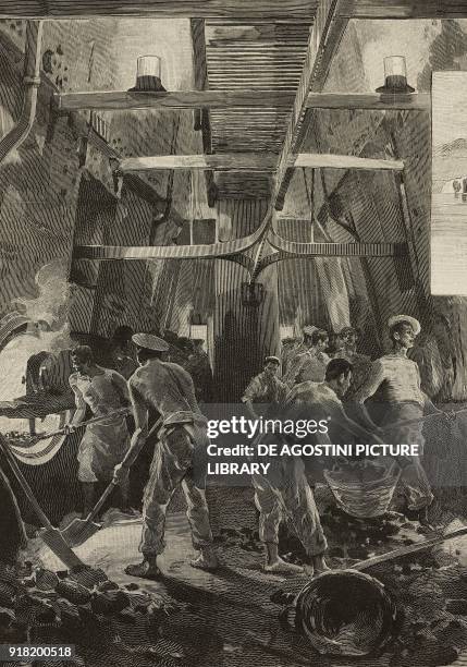 The boiler room in the Italia battleship during the great naval manoeuvres of Gaeta, Italy, engraving after a drawing by Gennaro Amato, from...