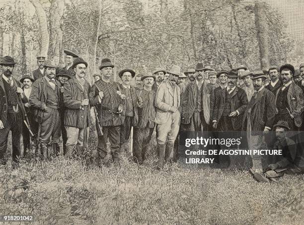 Admiral Michael Culme-Seymour and Admiral Raffaele Corsi's crew officers in the garden of Baron Policoro, Italy, engraving by Ernesto Mancastropa...