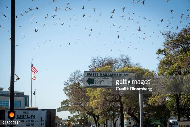 Birds fly above the Waste Management Inc. Davis Street Recycling & Transfer Station in San Leandro, California, U.S., on Monday, Feb. 12, 2018. Waste...