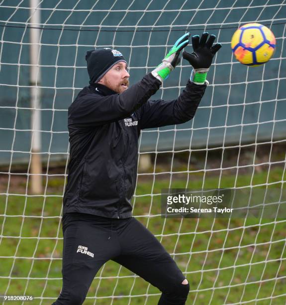 Goalkeeper Rob Elliot catches the ball during the Newcastle United Training session at The Newcastle United Training Centre on February 14 in...