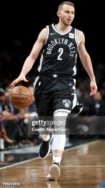 Nik Stauskas of the Brooklyn Nets works down the court against the New Orleans Pelicans in the first quarter during their game at Barclays Center on...