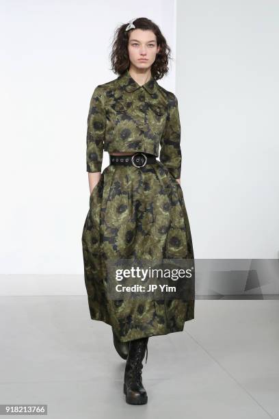 Model walks the runway during the Michael Kors Collection Fall 2018 Runway Show at Vivian Beaumont Theatre at Lincoln Center on February 14, 2018 in...