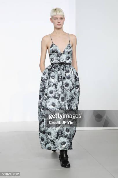 Model walks the runway during the Michael Kors Collection Fall 2018 Runway Show at Vivian Beaumont Theatre at Lincoln Center on February 14, 2018 in...