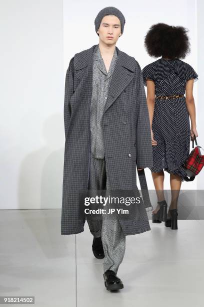 Model walks the runway during the Michael Kors Collection Fall 2018 Runway Show at Vivian Beaumont Theatre at Lincoln Center on February 14, 2018 in...