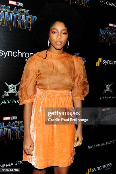 Jessica Williams attends The Cinema Society with Ravage Wines & Synchrony host a screening of Marvel Studios' "Black Panther" at The Museum of Modern...