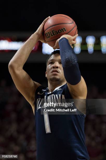 Jalen Brunson of the Villanova Wildcats attempts a foul shot against the Temple Owls at the Liacouras Center on December 13, 2017 in Philadelphia,...