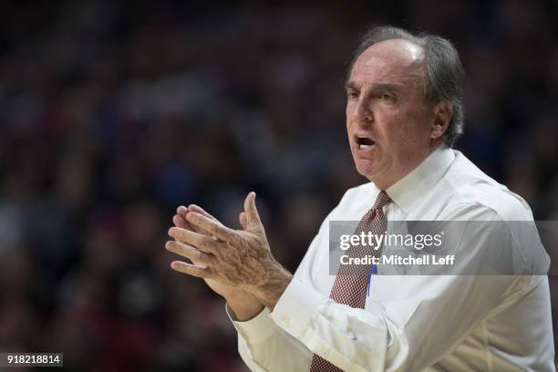 Head coach Fran Dunphy of the Temple Owls yells out to his team against the Villanova Wildcats at the Liacouras Center on December 13, 2017 in...