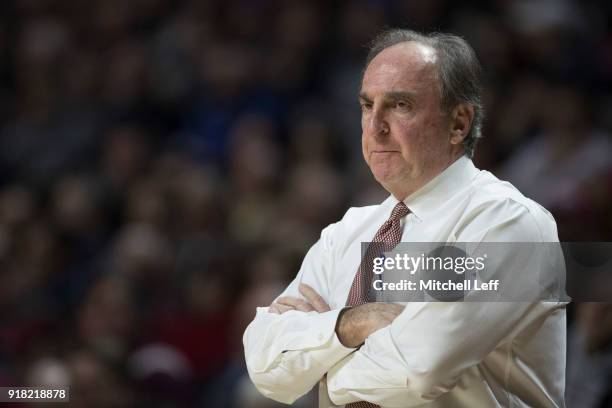 Head coach Fran Dunphy of the Temple Owls looks on against the Villanova Wildcats at the Liacouras Center on December 13, 2017 in Philadelphia,...