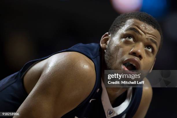 Omari Spellman of the Villanova Wildcats looks on against the Temple Owls at the Liacouras Center on December 13, 2017 in Philadelphia, Pennsylvania.