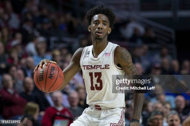 Quinton Rose of the Temple Owls dribbles the ball against the Villanova Wildcats at the Liacouras Center on December 13, 2017 in Philadelphia,...