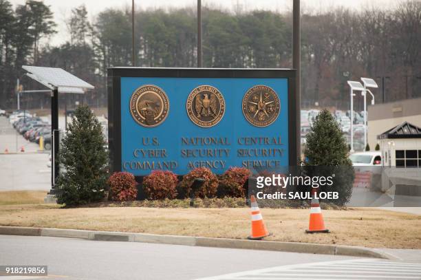 Sign for the National Security Agency , US Cyber Command and Central Security Service, is seen near the visitor's entrance to the headquarters of the...