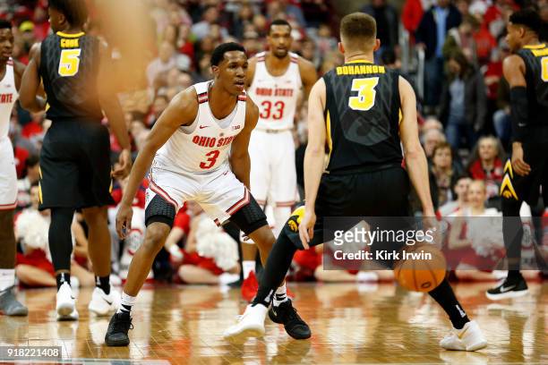 Jackson of the Ohio State Buckeyes defends against Jordan Bohannon of the Iowa Hawkeyes during the game at Value City Arena on February 10, 2018 in...