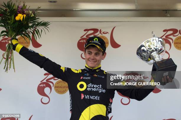 Direct Energie's French cyclist Thomas Boudat celebrates on the podium winning the first stage of the "Ruta del Sol" tour, a 197,6 km ride from Mijas...