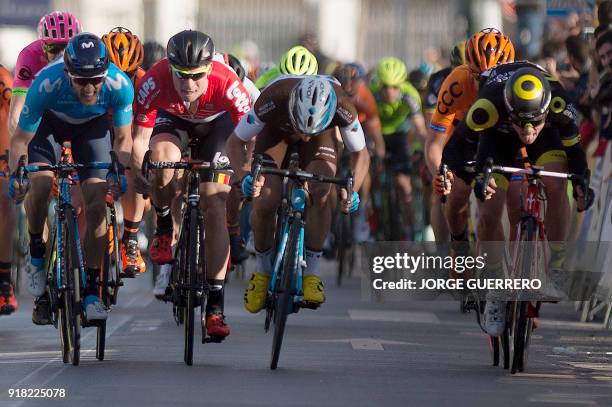 Direct Energie's French cyclist Thomas Boudat crosses the finish line winning the first stage of the "Ruta del Sol" tour, a 197,6 km ride from Mijas...