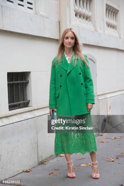 Fashion blogger Charlotte Groeneveld of The Fashion Guitar wears a Valentino jacket, shoes and skirt day 6 of Paris Womens Fashion Week Spring/Summer...