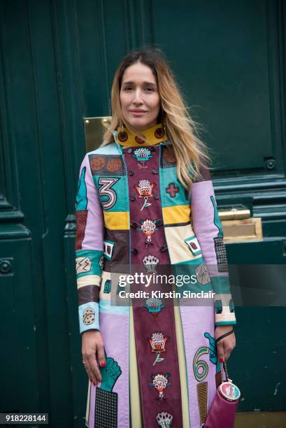 Founder of Belmodo Tiany Kiriloff wears a Valentino coat, dress and bag day 6 of Paris Womens Fashion Week Spring/Summer 2018, on October 1, 2017 in...