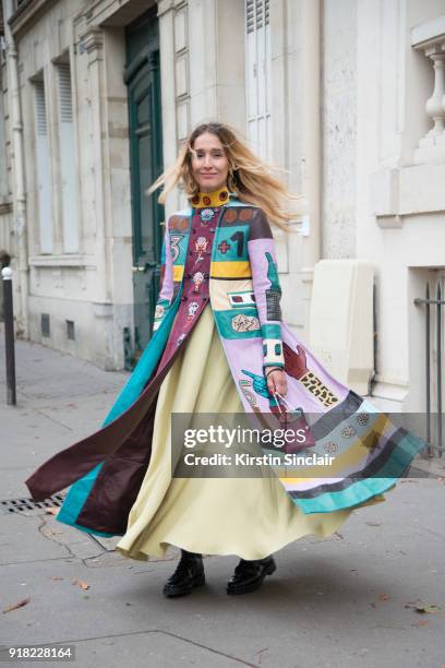 Founder of Belmodo Tiany Kiriloff wears a Valentino coat, dress, shoes and bag day 6 of Paris Womens Fashion Week Spring/Summer 2018, on October 1,...