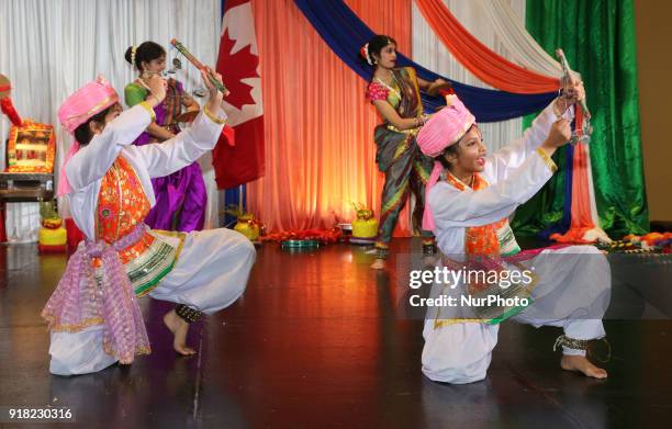 Members of the Vaishno Devi Dance Group perform during a traditional Indian folk dance competition held in Mississauga, Ontario, Canada, on February...