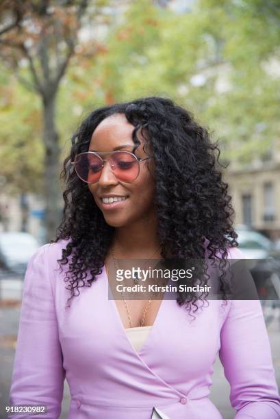 Fashion stylist Shiona Turini wears a Valentino dress and Gentle Monster sunglasses day 6 of Paris Womens Fashion Week Spring/Summer 2018, on October...