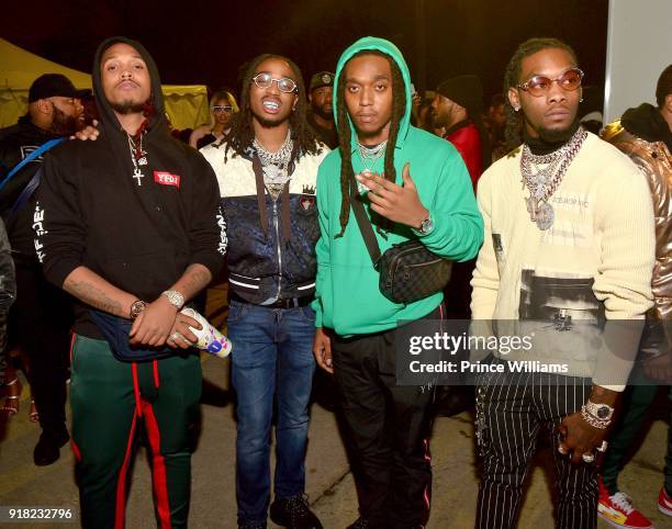 Durel, Quavo, Takeoff and Offset of The Group Migos attend Trap Du Soleil celebrating YFN Lucci on February 13, 2018 in Atlanta, Georgia.