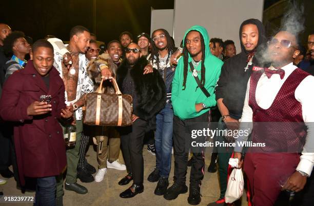 Trouble, Offset, YFN Lucci, Quavo, Takeoff and DJ Durel attend Trap Du Soleil Celebrating YFN Lucci on February 13, 2018 in Atlanta, Georgia.