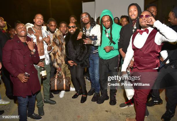 Trouble, Offset, YFN Lucci, Quavo, Takeoff and DJ Durel attend Trap Du Soleil Celebrating YFN Lucci on February 13, 2018 in Atlanta, Georgia.