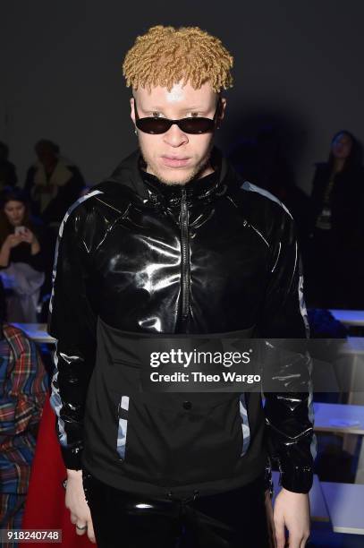 Model Shaun Ross attends the Laquan Smith front row during New York Fashion Week: The Shows at Gallery I at Spring Studios on February 14, 2018 in...