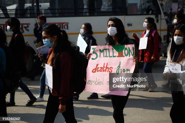 Nepalese youth and students demonstrate as they participate in campaign Maskmandu against the increasing air pollution in Kathmandu, Nepal, February...