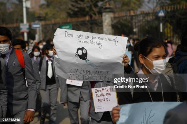 Nepalese youth and students demonstrate as they participate in campaign Maskmandu against the increasing air pollution in Kathmandu, Nepal, February...