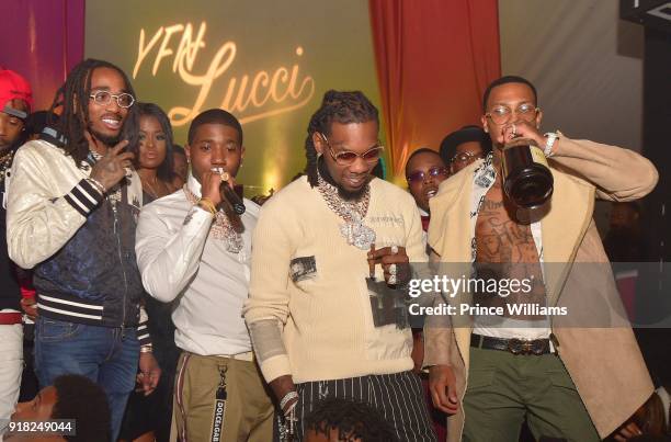 Quavo, Karen Civil, YFN lucci, Offset and Trouble attend Trap Du Soleil Celebrating YFN Lucci on February 13, 2018 in Atlanta, Georgia.