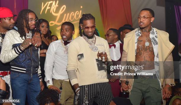 Quavo, Karen Civil, YFN Lucci, Offset and Trouble attend Trap Du Soleil Celebrating YFN Lucci on February 13, 2018 in Atlanta, Georgia.