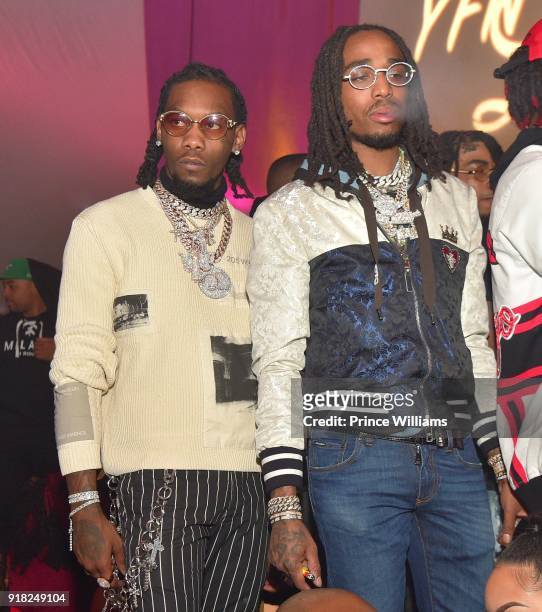 Offset and Quavo of The Group Migos attend Trap Du Soleil Celebrating YFN Lucci on February 13, 2018 in Atlanta, Georgia.