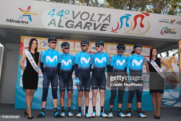 Movistar Team before the 1st stage of the cycling Tour of Algarve between Albufeira and Lagos, on February 14, 2018.