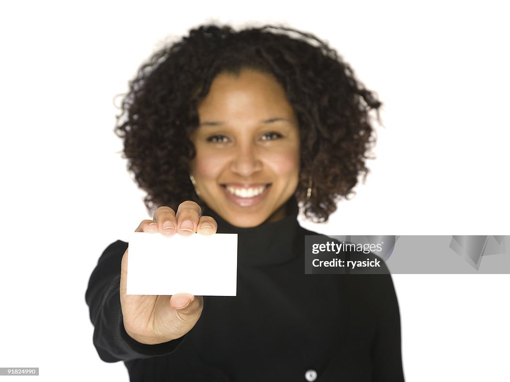 Young African-American Woman Holding Blank Business Card Isolated on White