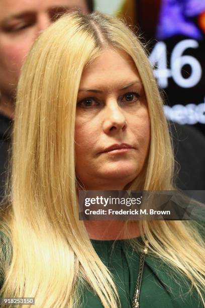 Nicole Eggert attends a press conference with Alexander Polinsky and attorney Lisa Bloom regarding sexual harassment allegations against Scott Baio...