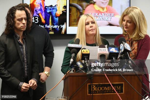 Nicole Eggert speaks during a press conference with Alexander Polinsky and attorney Lisa Bloom regarding sexual harassment allegations against Scott...