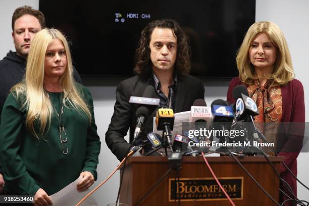 Alexander Polinsky speaks during a press conference with Nicole Eggert and his attorney Lisa Bloom regarding sexual harassment allegations against...