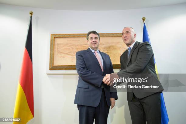 German Foreign Minister Sigmar Gabriel gets together with Ramush Haradinaj , Prime Minister of Kosovo, on February 14, 2018 in Pristina, Kosovo....