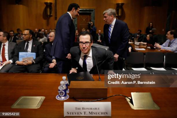 Treasury Secretary Steven Mnuchin arrives to testify before the Senate Finance Committee on Capitol Hill on February 14, 2018 in Washington, DC....