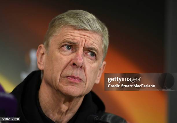 Arsenal manager Arsene Wenger attends a press conference at the Ostersund Biathlon Arena on February 14, 2018 in Ostersund, Sweden.