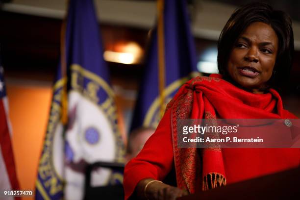 Rep. Val Demings speaks at a press conference on Capitol Hill on February 14, 2018 in Washington, DC. Pelosi and her fellow Democrats addressed the...