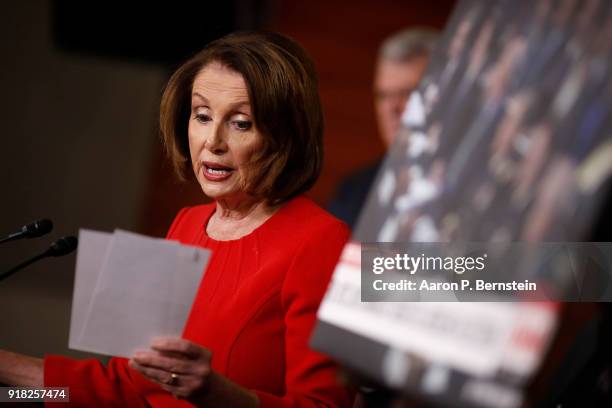 House Minority Leader Nancy Pelosi speaks at a press conference on Capitol Hill on February 14, 2018 in Washington, DC. Pelosi and her fellow...