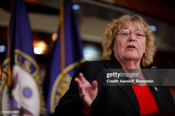 Rep. Zoe Lofgren speaks at a press conference on Capitol Hill on February 14, 2018 in Washington, DC. Pelosi and her fellow Democrats addressed the...