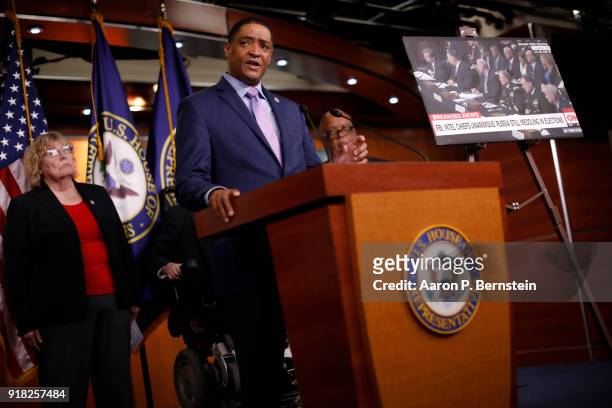 Rep. Cedric Richmond speaks at a press conference on Capitol Hill on February 14, 2018 in Washington, DC. Pelosi and her fellow Democrats addressed...